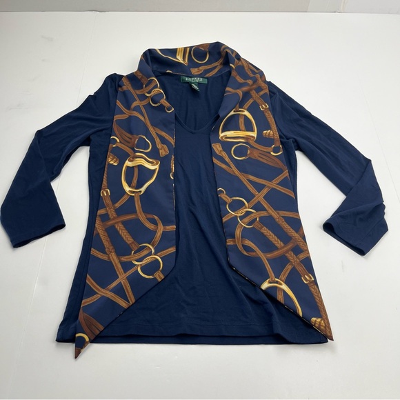 Lauren Ralph Lauren Equestrian Bridle Print Scarf Blue Gold Top Petite Small - Picture 8 of 12